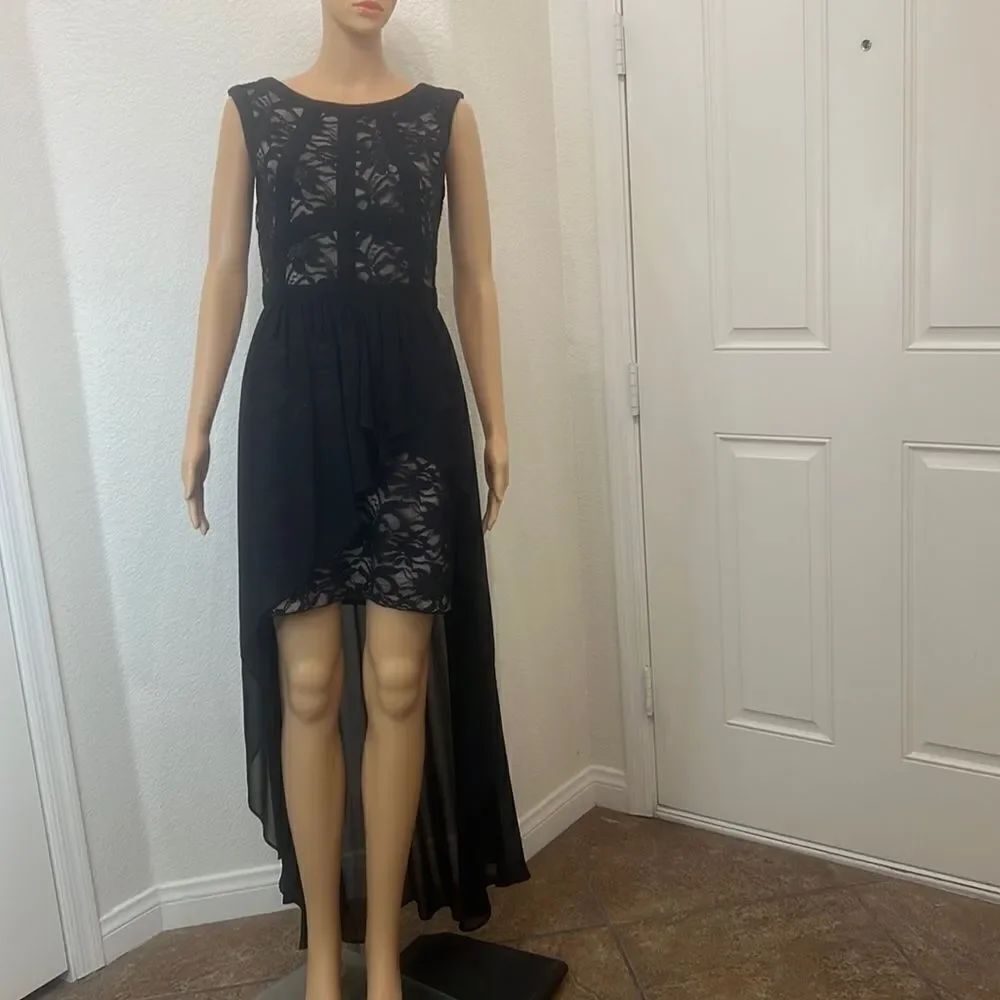 Morgan & Co Black Mini Dress Size 5/6 Floral Lace Sheer Maxi Skirt Lined Fitted